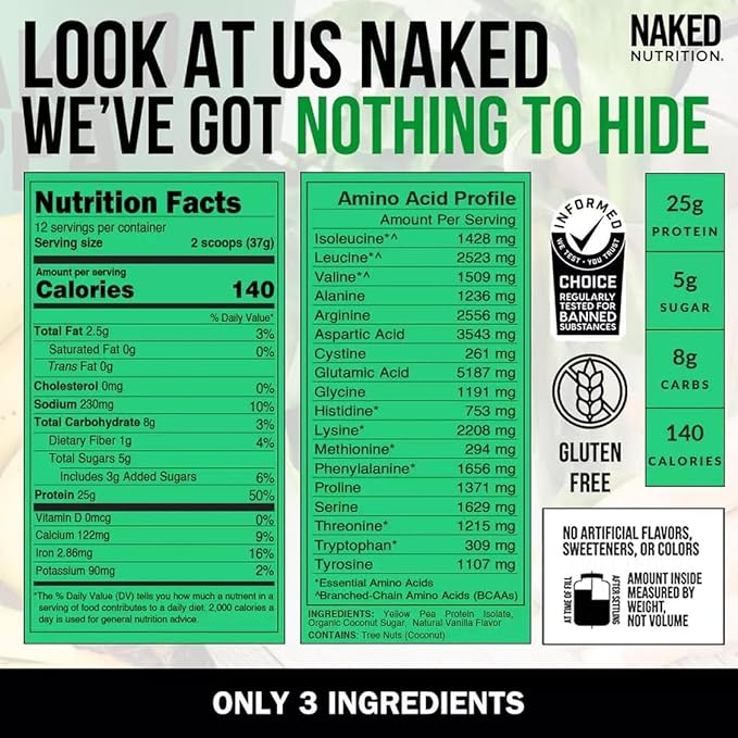 Naked Nutrition Vanilla Pea Protein Isolate from North American Farms, Only 3 Ingredients, Vanilla Vegan Protein, Gluten-Free, Soy Free, GMO Free - 1LB