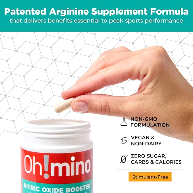 Oh!mino Nitric Oxide Supplement Activator Booster, Triple Strength L-Arginine for Energy, Endurance, Muscle Growth Builder, Pre Post Workout Pills - Natural Beet Root Powder, 30 Servings 120 Capsules