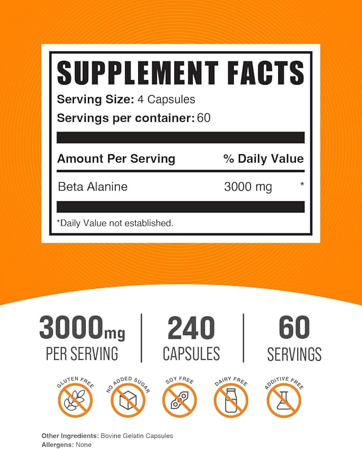 BulkSupplements.com Beta Alanine Capsules - Beta Alanine Supplement, Beta Alanine Pills, Beta Alanine 3000mg - Gluten Free, 4 Capsules per Serving, 240 Capsules (Pack of 1)