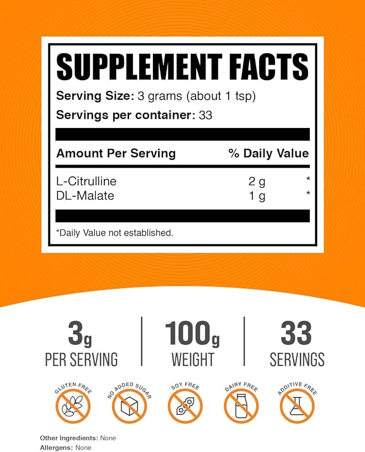 BulkSupplements.com L-Citrulline Malate 2:1 Powder - L Citrulline Malate Supplement, Citrulline Malate Powder - Unflavored & Gluten Free - 3g per Servings, 100g (3.5 oz) (Pack of 1)