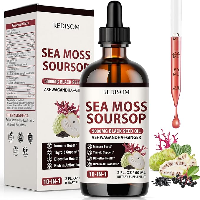 Irish Sea Moss Soursop Drops 2 Fl Oz - Sea Moss Black Seed Oil Multivitamin Liquid with Ashwagandha, Burdock Root, Bladderwrack, Soursop Seamoss Supplement for Gut, Immunity, Thyroid Support