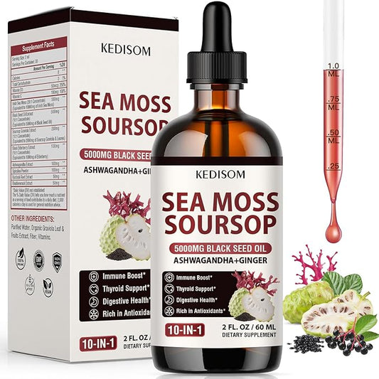 Irish Sea Moss Soursop Drops 2 Fl Oz - Sea Moss Black Seed Oil Multivitamin Liquid with Ashwagandha, Burdock Root, Bladderwrack, Soursop Seamoss Supplement for Gut, Immunity, Thyroid Support