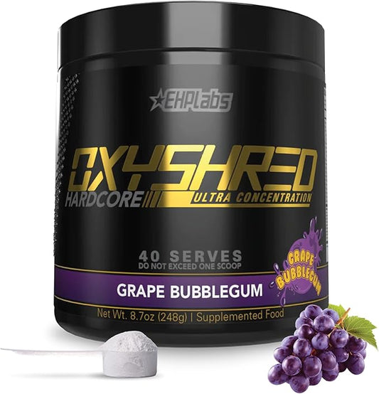 EHP Labs OxyShred Hardcore Super Dosed Pre Workout Powder - Preworkout Powder with L Glutamine & Acetyl L Carnitine, Energy Boost Drink - 275mg of Caffeine - Grape Bubblegum, 40 Servings