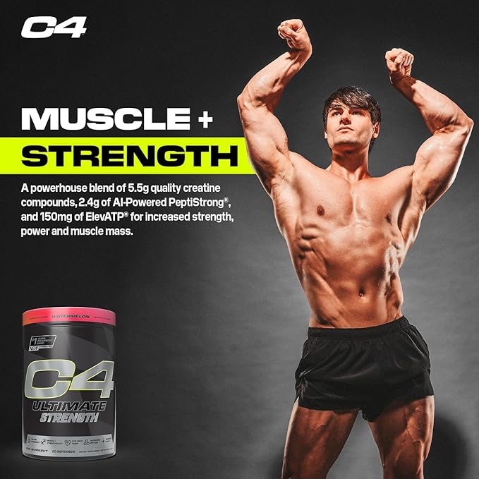 Cellucor C4 Ultimate Strength Pre Workout Powder - Tri-Stim Experience 300mg Caffeine+TeaCrine+Dynamine - Creatine & Beta-Alanine - Energy Supplement for Men & Women - Watermelon, 20 Servings