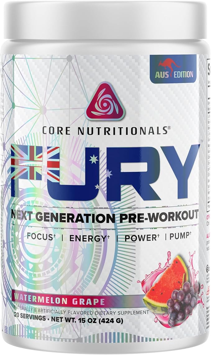 Core Nutritionals Fury Platinum Pre Workout Intensifier with 375mg Caffeine, 5G Creatine Monohydrate, 6G L-Citruline for Maximum Pump, Power, Focus and Energy, 20 Servings (Watermelon Grape)