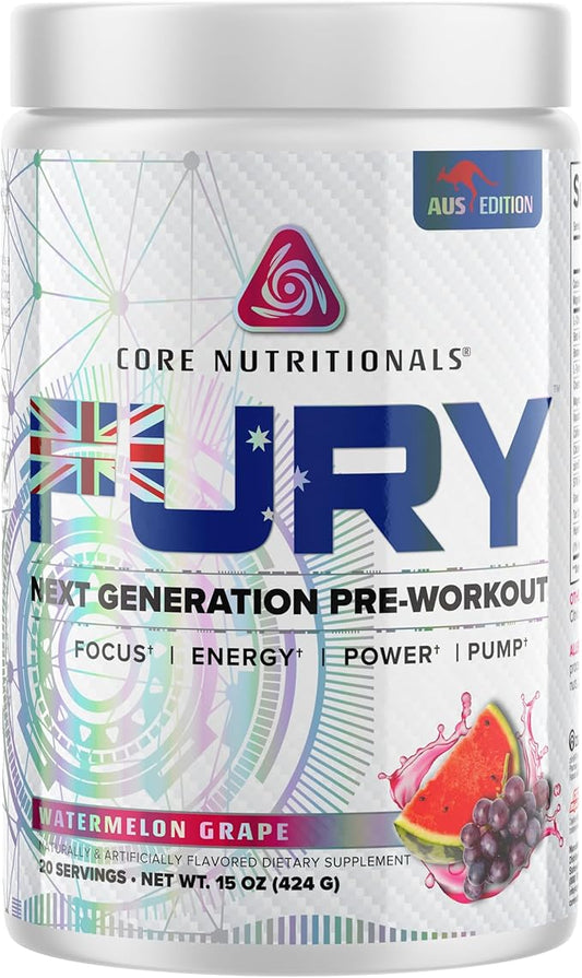 Core Nutritionals Fury Platinum Pre Workout Intensifier with 375mg Caffeine, 5G Creatine Monohydrate, 6G L-Citruline for Maximum Pump, Power, Focus and Energy, 20 Servings (Watermelon Grape)