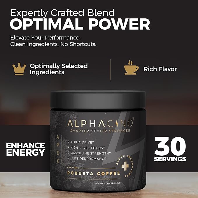 Alphacino Apex - Instant Coffee Powder for the Robust Vigorous Men - Muscle Growth, Sharp Focus, Enhanced Stamina - Ashwagandha KSM-66, Lion’s Mane Mushroom, Black Maca Extract, S7-30SV (4.68 oz)