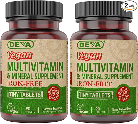 DEVA Tiny Tablets Vegan Multivitamins for Women & Men, Multivitamin Iron Free, Mineral Supplement, Vitamin C, Vitamin B Complex, Vitamin B12, Vitamin E, Zinc, Gluten Free (2 Pack - 90 Tablets Ea)