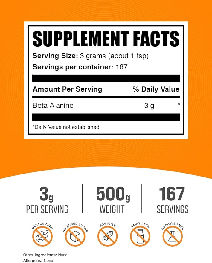 BulkSupplements.com Beta Alanine Powder - Beta Alanine Supplement, Beta Alanine Pre Workout, Beta Alanine 3000mg - Unflavored & Gluten Free, 3g per Serving, 500g (1.1 lbs) (Pack of 1)