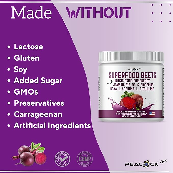 Beetroot Powder, 10.59 oz, 40 Servings - Superfood for Blood Pressure Support, Nitric Oxide Booster, Beet Root Extract, BCAA for Heart Health, Green Tea Extract, Berry Flavor