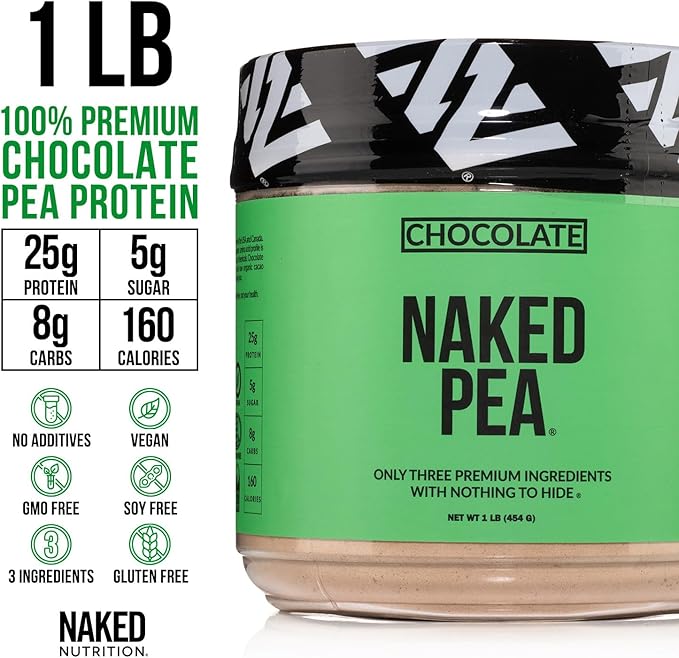 Naked Nutrition Chocolate Pea Protein Isolate from North American Farms, Only 3 Ingredients, Chocolate Vegan Protein, Gluten-Free, Soy Free, GMO Free - 1LB