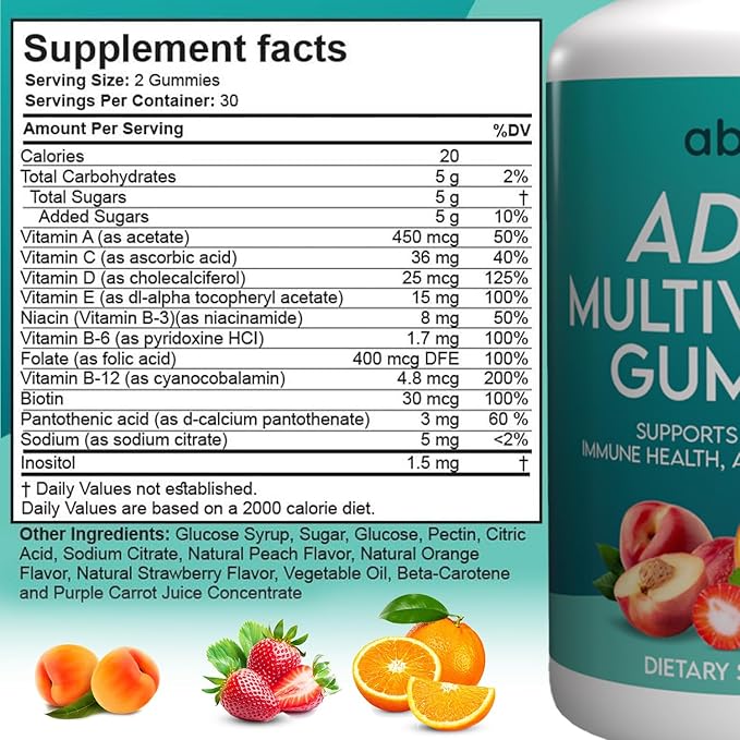Plant-Based Multivitamin Gummies, Daily multivitamins for Men and Women with Vitamins A, C, D, E, B-3, B-6, B-12, Biotin, inositol, Non-GMO, Gluten Free, 60 Count (30 Days Supply)