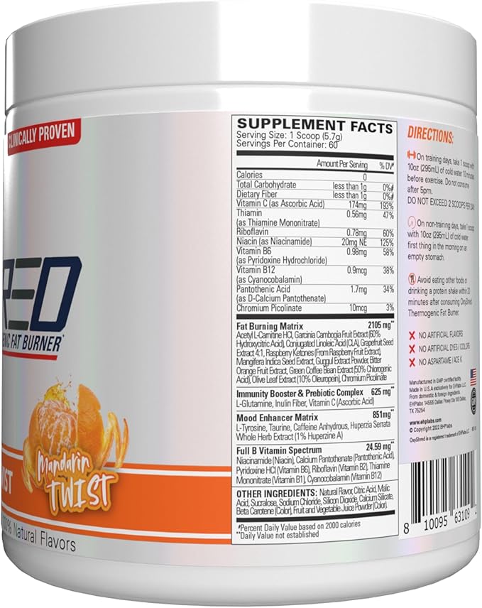 EHP Labs OxyShred Pre Workout Powder - Preworkout Powder with L Glutamine & Acetyl L Carnitine, Energy Boost Drink - Mandarin Twist, 60 Servings
