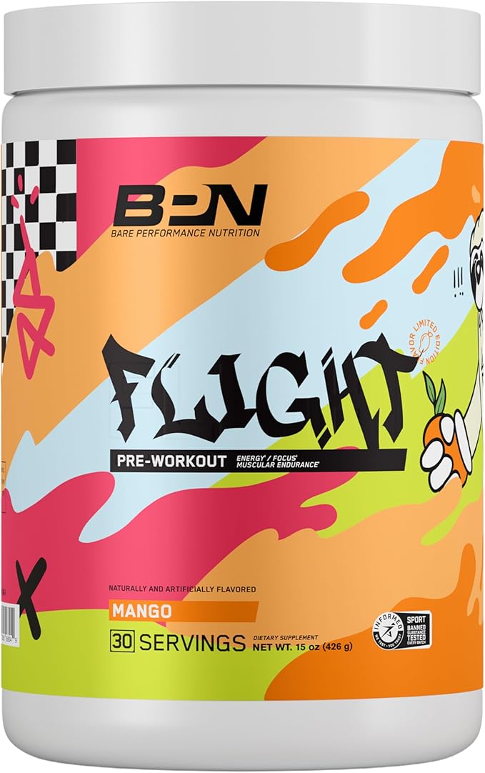 BARE PERFORMANCE NUTRITION BPN Flight Pre Workout, Supports Energy and Mental Focus, Improved Endurance & Muscle Pumps with CarnoSyn® Beta Alanine, Mango, 30 Servings