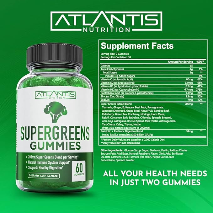 Supergreens Gummies - Daily Green Superfoods Supplement with Spinach, Broccoli, Moringa, Beet Root, Celery, Green Tea, & Acai for Immunity Support - Natural Raspberry Flavor, 60 Supergreen Gummies
