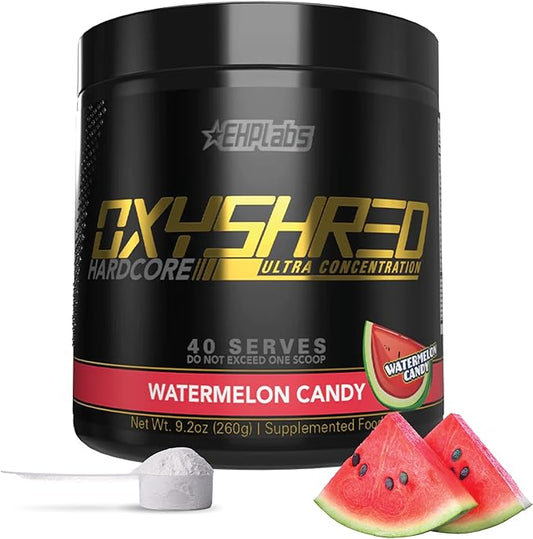 EHP Labs OxyShred Hardcore Super Dosed Pre Workout Powder - Preworkout Powder with L Glutamine & Acetyl L Carnitine, Energy Boost Drink - 275mg of Caffeine - Watermelon Candy, 40 Servings