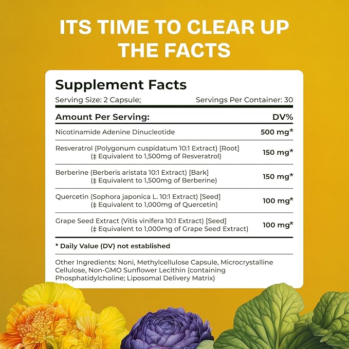 NMN Supplement Alternative - High Absorption NAD, Resveratrol, Berberine, Quercetin, Noni - Liposomal NAD Supplement for Anti Aging, Brain Support, Gut & Joint Heath - 60 Capsules
