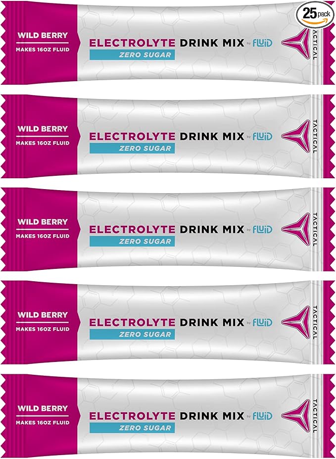 Fluid Tactical - Zero Sugar, Keto Electrolyte Powder, Hydration Packets, Made in USA (Wild Berry, 25 Count)