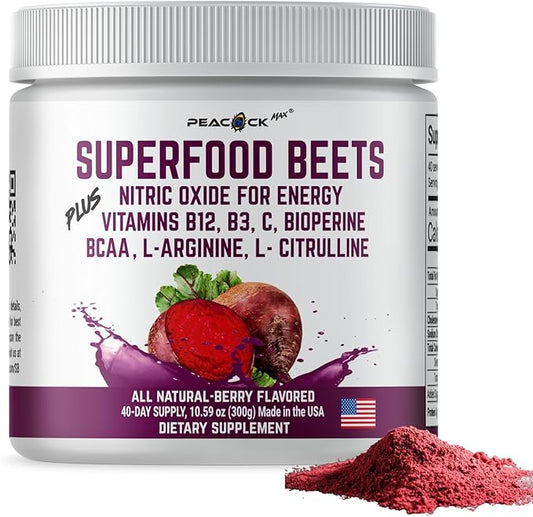 Beetroot Powder, 10.59 oz, 40 Servings - Superfood for Blood Pressure Support, Nitric Oxide Booster, Beet Root Extract, BCAA for Heart Health, Green Tea Extract, Berry Flavor