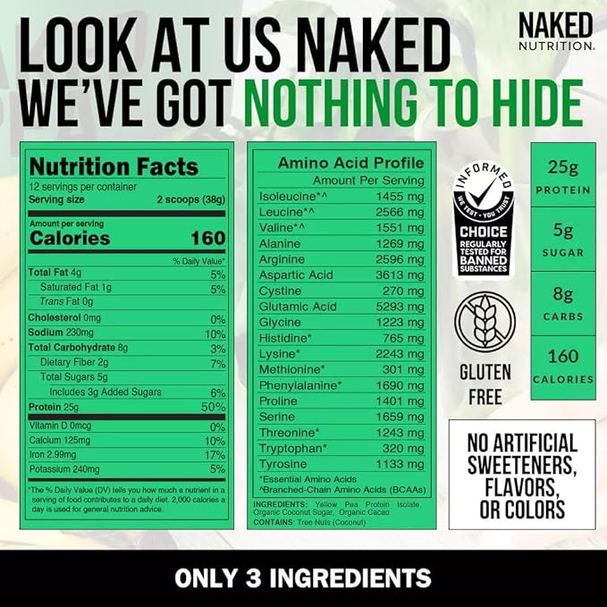 Naked Nutrition Chocolate Pea Protein Isolate from North American Farms, Only 3 Ingredients, Chocolate Vegan Protein, Gluten-Free, Soy Free, GMO Free - 1LB