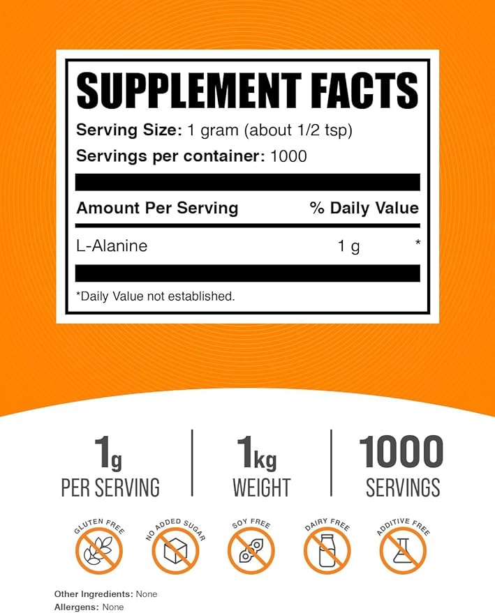 BulkSupplements.com L-Alanine Powder - Alanine Supplement, L-Alanine 1000mg - Amino Acid Supplement, Amino Acid Powder - Unflavored & Gluten Free, 1kg (2.2 lbs) (Pack of 1)