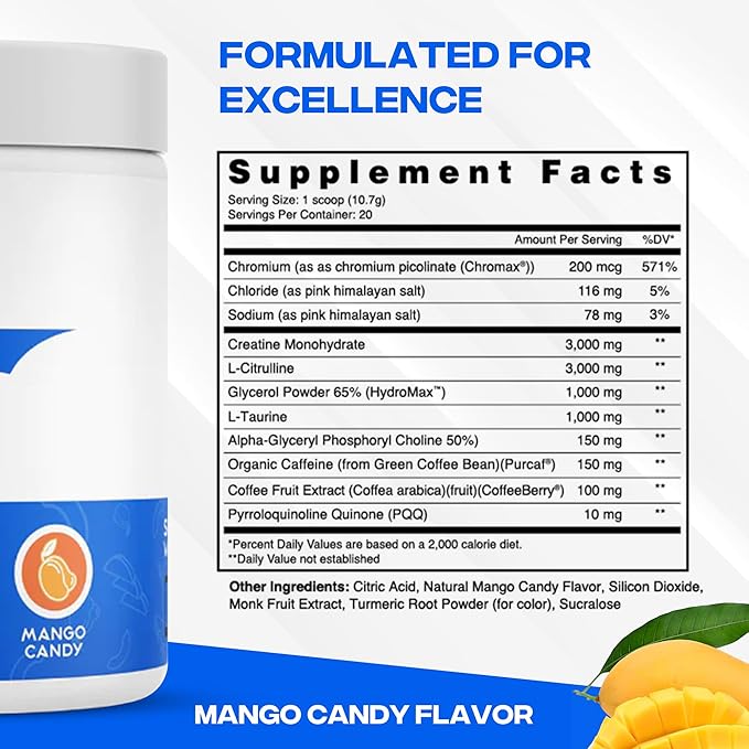XEELA Pre Workout - Clean & Tested - Jitter Free, Safe, and Natural - Increase Thermogenic Energy, Focus, and Endurance w/Creatine, Organic Caffeine, and Plant Based Citrulline (Mango Candy)
