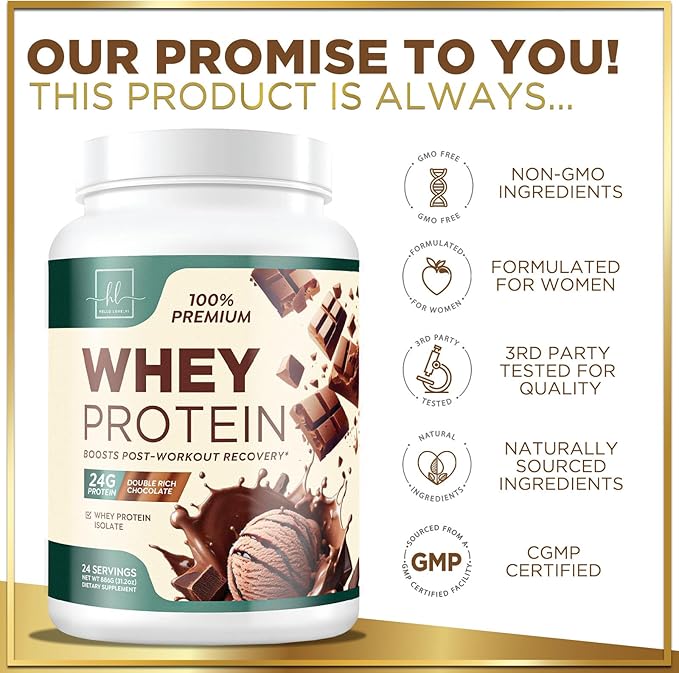 Whey Protein Powder, Rich Double Chocolate Whey Isolate with 24g Protein & BCAAs - Support Muscle Growth, Recovery & Fitness - Gluten Free, Fast Absorbing, Easy Digesting for Women & Men - 24 Servings