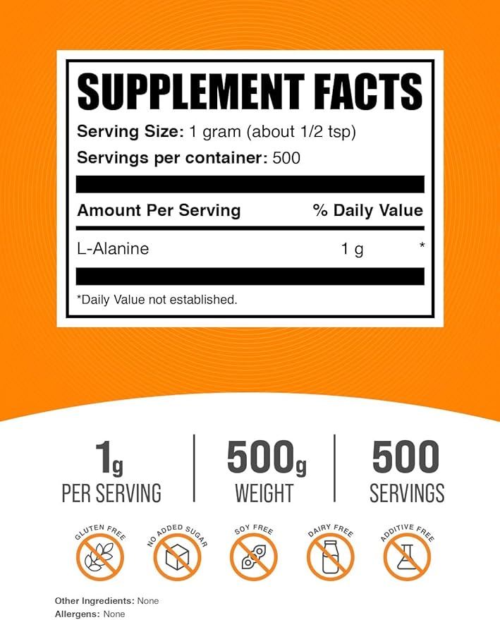 BulkSupplements.com L-Alanine Powder - Alanine Supplement, L-Alanine 1000mg - Amino Acid Supplement, Amino Acid Powder - Unflavored & Gluten Free, 500g (1.1 lbs) (Pack of 1)