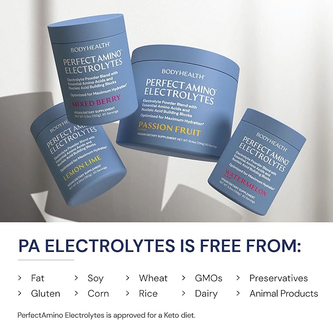 BodyHealth PerfectAmino Electrolytes Powder, Hydration Powder, Sugar Free Electrolyte Drink Mix, Keto Electrolytes Powder, Non GMO, Lemon Lime Flavor (60 Servings)