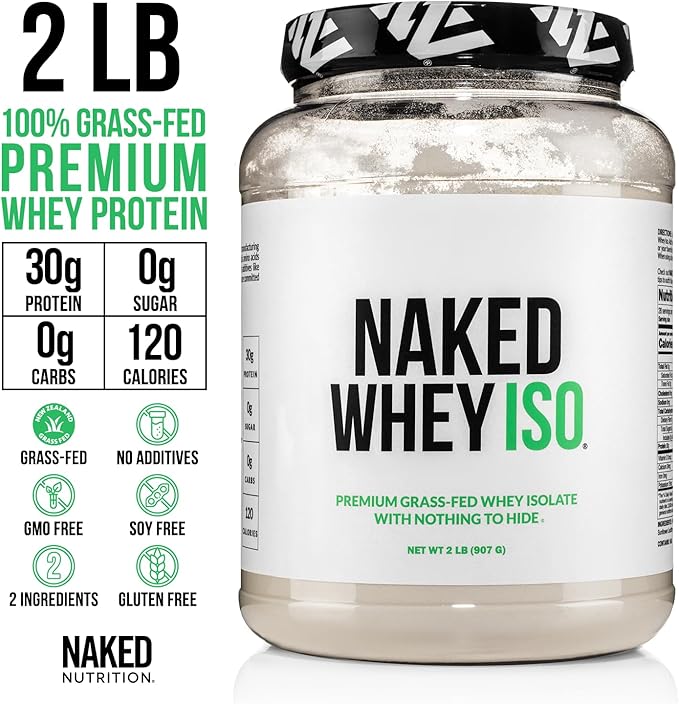 Naked Whey Isolate Protein - Only 2 Ingredients, 30g Grass-Fed Protein, Unflavored, Undenatured, No GMO, No Soy, Gluten-Free, No Preservatives - 28 Servings