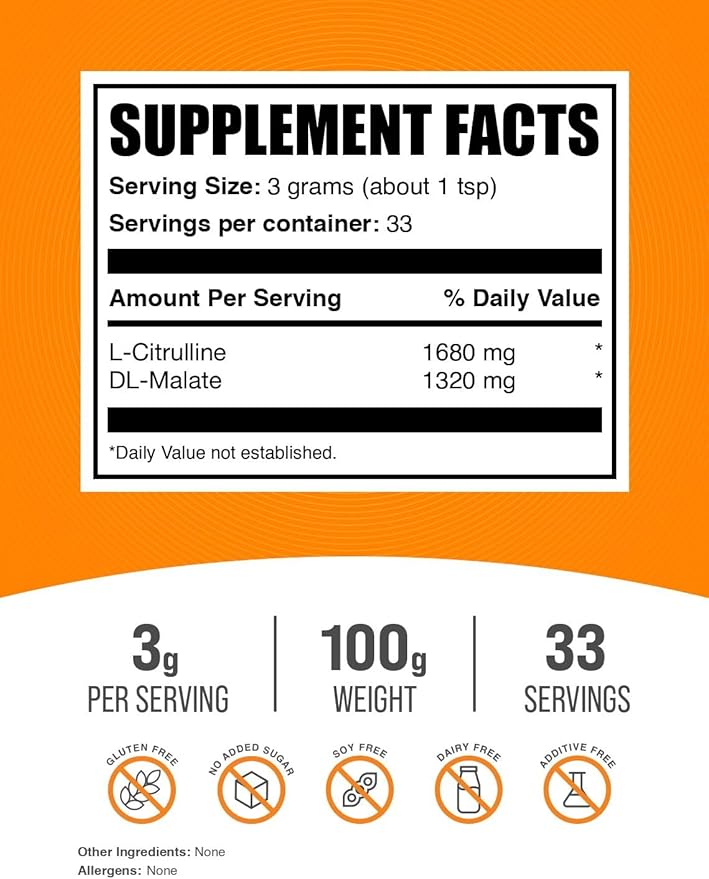 BulkSupplements.com L-Citrulline Malate 1:1 Powder - Citrulline Malate Powder, Citrulline Supplement - Unflavored & Gluten Free - 3g per Servings, 100g (3.5 oz) (Pack of 1)
