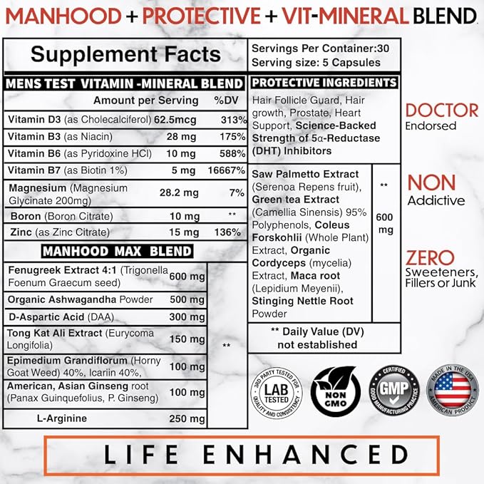 [Men Over 30, Power UP ]- Hair Thinning? Low Manhood Energy? Doctor endorsed, Comprehensive Support for Vitality, Manhood, Hair Support, Focus, All While combating Negative DHT Effects
