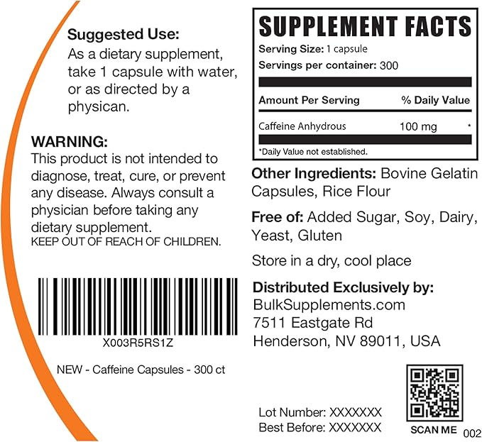 BulkSupplements.com Caffeine 100mg Capsules - Caffeine Supplements, Caffeine Pills 100mg - for Energy Support, 1 Caffeine Capsule per Serving, 300 Capsules (Pack of 1)