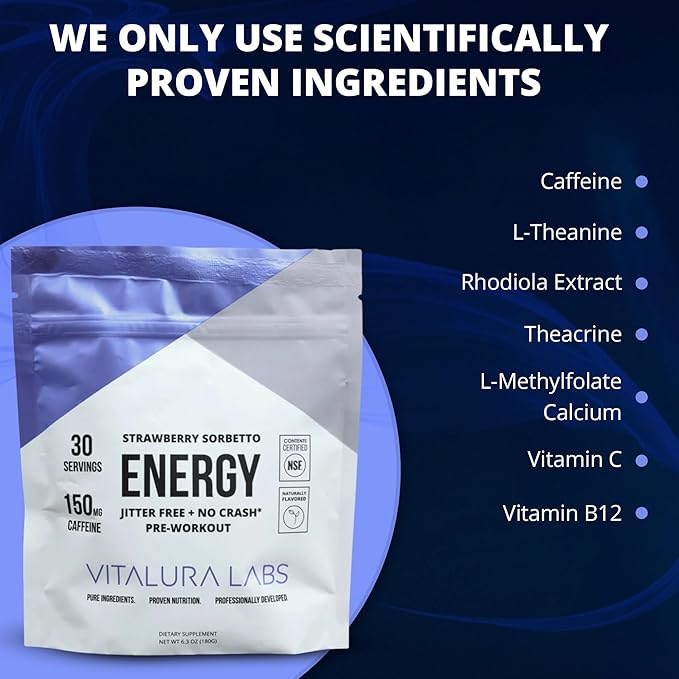 Vitalura Labs Pre-Workout Powder - Caffeine, Theacrine, Rhodiola & L-Theanine for Energy & Endurance - NSF Content Certified - Strawberry Sorbetto Flavored - 30 Servings
