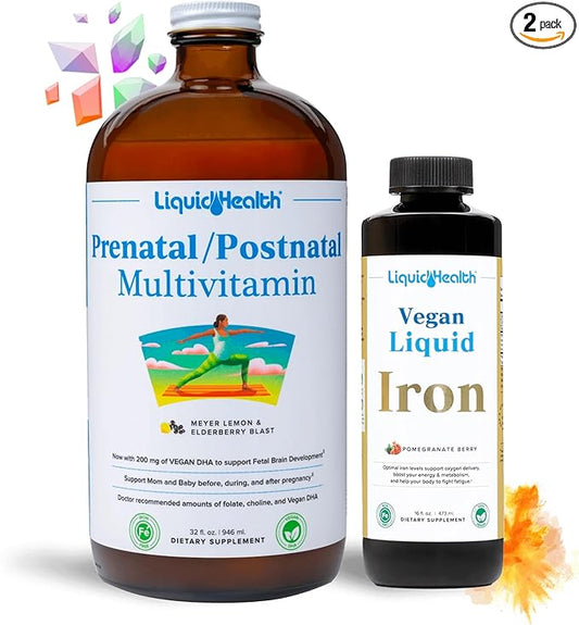 LIQUIDHEALTH Prenatal Baby Booster Pregnancy Vitamin Bundle - Vegan Women's Prenatal Multivitamin with SunActive & Ferrochel Iron, Folate, Whole Foods
