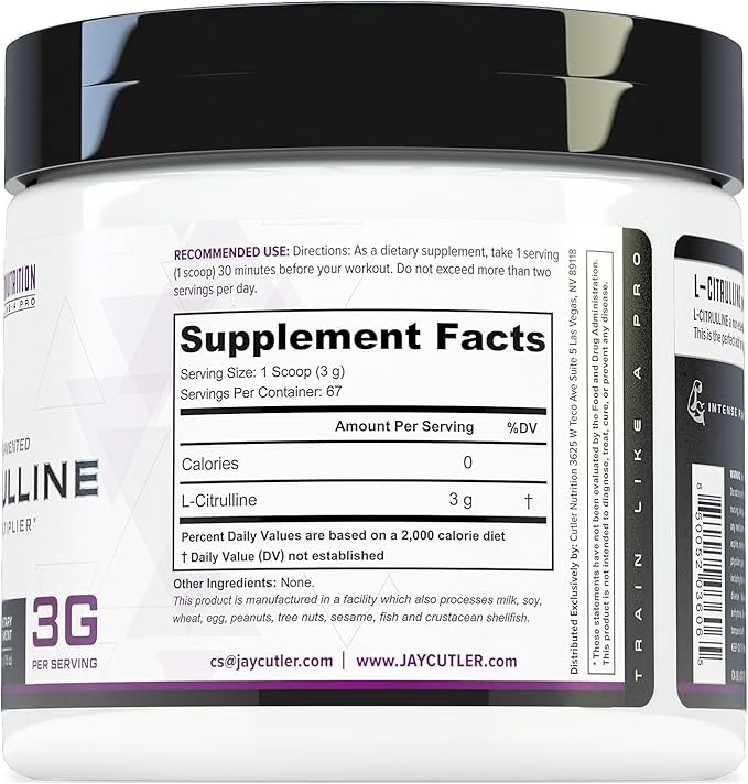 Cutler Nutrition Jay Essentials 100% Pure L-Citrulline Powder Unflavored 3g Per Serving Supports Endurance and Pumps (67 Servings)