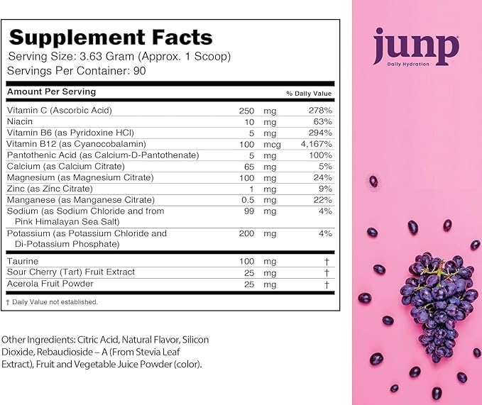 JUNP Electrolytes Powder No Sugar No Carbs – Vine Ripened Grape Infused Drink Mix - Potassium & Salt Electrolyte Hydration Powder Zero Calorie Sugar Free Electrolyte Powder,180 Servings