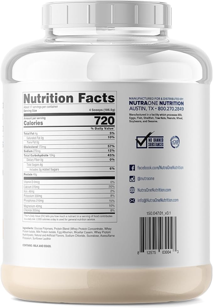 NutraOne Massone Mass Gainer Protein Powder Gain Mass Protein Meal Replacement (Vanilla - 7 lbs.)