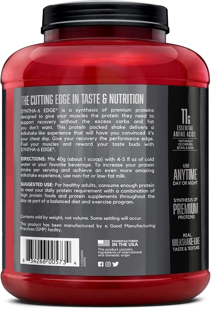 BSN SYNTHA-6 EDGE Protein Powder, with Hydrolyzed Whey, Micellar Casein, Milk Protein Isolate, Low Sugar, 24g Protein, Cookies N Cream, 48 Servings