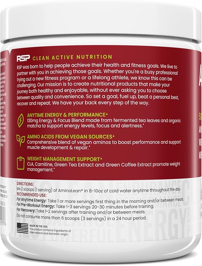 AminoLean Pre Workout Powder, Amino Energy with Natural Caffeine from Green Tea, Vegan BCAA Amino Acids, Cherry Lime (25 Serv)