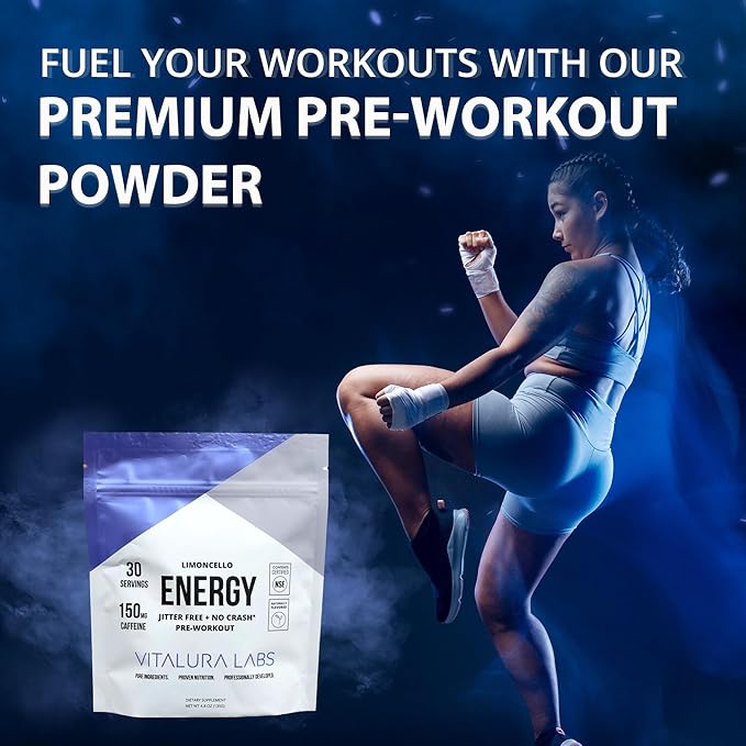 Vitalura Labs Pre-Workout Powder - Caffeine, Theacrine, Rhodiola & L-Theanine for Energy & Endurance - NSF Content Certified - Limoncello Flavored - 30 Servings