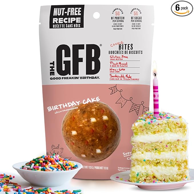 The Gluten Free Brothers Birthday Cake Bites - Allergen Friendly, Nut Free & non-GMO – Plant Based Protein Birthday Cake Treat - Vegan Birthday Cake Flavored Snacks 4 oz (6 Pack)