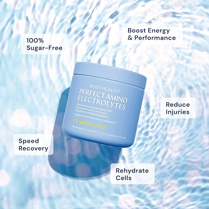 BodyHealth PerfectAmino Electrolytes Powder, Hydration Powder, Sugar Free Electrolyte Drink Mix, Keto Electrolytes Powder, Non GMO, Lemon Lime Flavor (60 Servings)