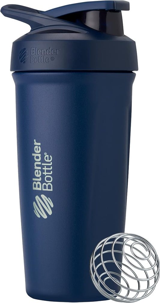 BlenderBottle Strada Shaker Cup Insulated Stainless Steel Water Bottle with Wire Whisk, 24-Ounce, Navy