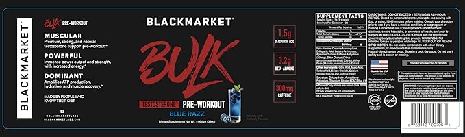 BLACKMARKET Bulk Pre Workout - Preworkout Energy Drink for Men 30 Servings - Pre-Workout Drink Powder with Creatine (Blue Razz)