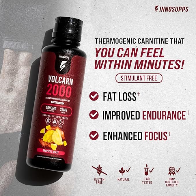 InnoSupps Volcarn 2000 - L-CARNITINE Advanced Energy Liquid | ATP Enhancer with GBEEC | Boosts Energy, Enhances Focus, Caffeine Free, No Artificial Sweeteners | 32 Servings (Lemon Lime)