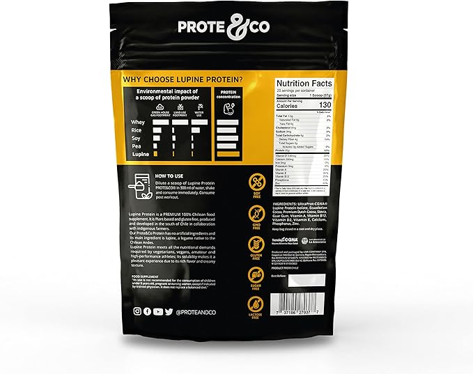 Prote&co Lupine Protein - Lupin-Based Vegan Protein Powder, 24g Plant Based Protein, Non GMO, Soy Free, Gluten Free, Dairy Free, No Sugar Added, Lactose Free, Chocolate Naturally Flavored, 1.63 Lb.