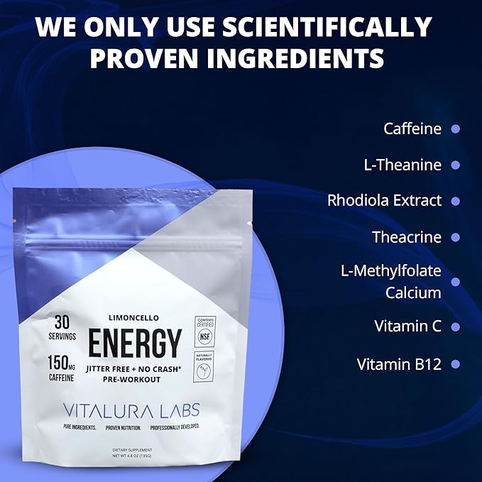 Vitalura Labs Pre-Workout Powder - Caffeine, Theacrine, Rhodiola & L-Theanine for Energy & Endurance - NSF Content Certified - Limoncello Flavored - 30 Servings