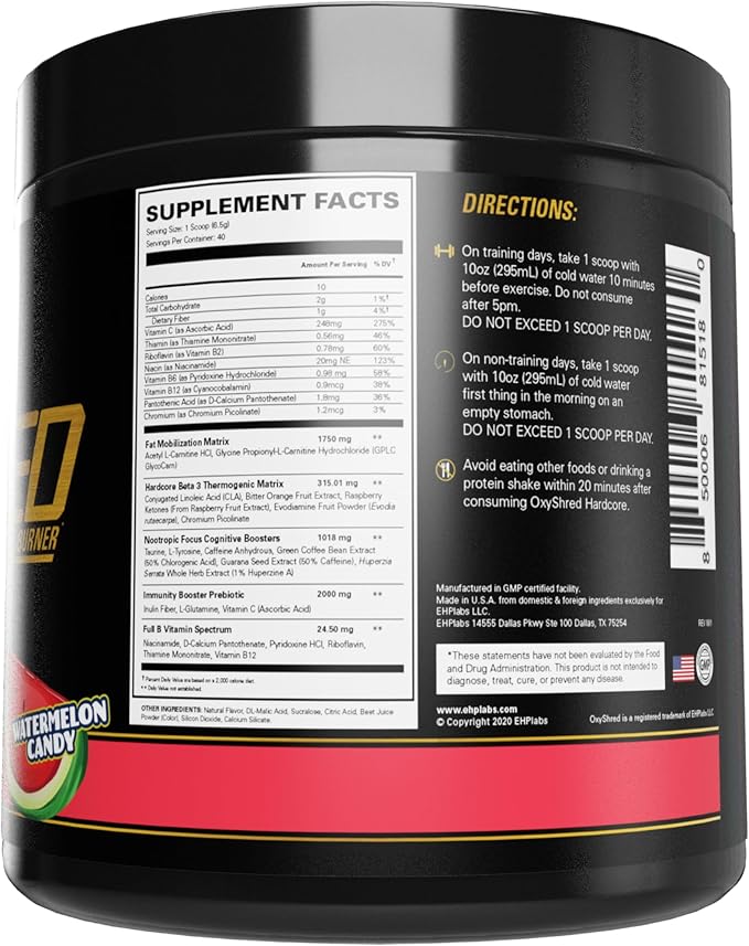 EHP Labs OxyShred Hardcore Super Dosed Pre Workout Powder - Preworkout Powder with L Glutamine & Acetyl L Carnitine, Energy Boost Drink - 275mg of Caffeine - Watermelon Candy, 40 Servings