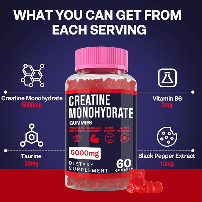 Creatine Monohydrate Gummies for Women & Men, Taurine & B6, Chewable Creatine Pre Workout Gummies for Max Strength & Muscle Growth, Energy, Endurance, Creatine for Men & Women, 5g Per Serving - 1 Pack
